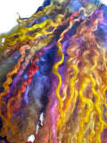 Indie Hand Dyed Pure Wool Locks Curly Caplet Shawl Natural Wool Violet, Purple, Orange and Yellow