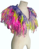 Indie Hand Dyed Pure Wool Locks Curly Caplet Shawl Fluorescent Pink, Purple & Acid Green