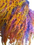 Indie Hand Dyed Pure Wool Locks Curly Caplet Shawl Natural Wool Violet, Purple, Orange and Yellow