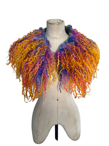 Indie Hand Dyed Pure Wool Locks Curly Caplet Shawl Natural Wool Violet, Purple, Orange and Yellow