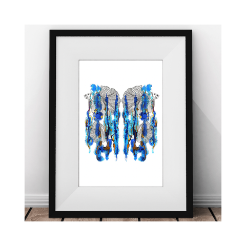 Mixed Media Artist Quality Print of Original Samurai Fighting Fish Ink Drawing & Alcohol Ink Artwork Bright Bold Mirror Image