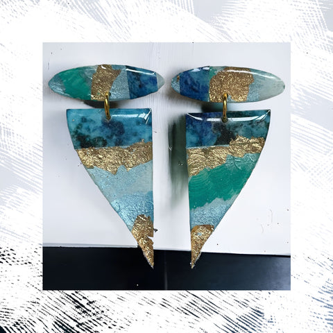 Triangle and Oblong Mixed Media on Acrylic Resin Earring Pair